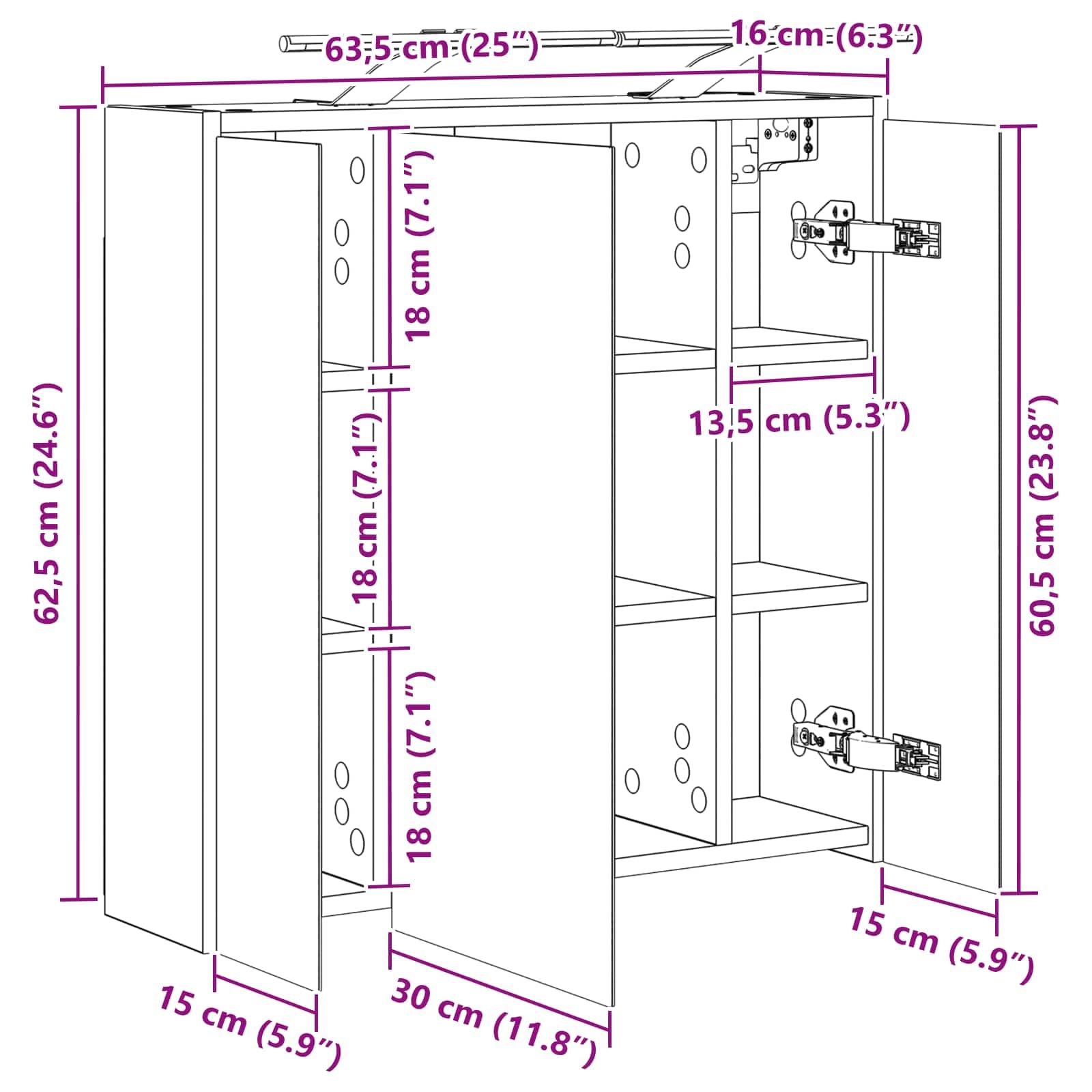 Szafka łazienkowa z lustrem stare drewno, 63,5 x 16 x 62,5 cm, materiał drewnopochodny z paskami LED, regulowane regały, montowane na ścianie, miejsce do przechowywania, dwustronne lustro do