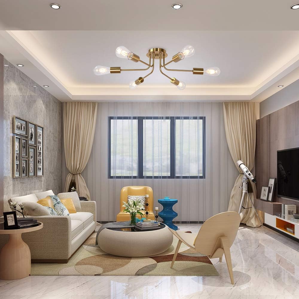 Mid Century Modern Ceiling Lighting Industrial Semi Flush Mount Light Fixture Brushed Brass 6 Light Sputnik Chandelier for Kitchen Dining Room Bedroom Living Room Foyer