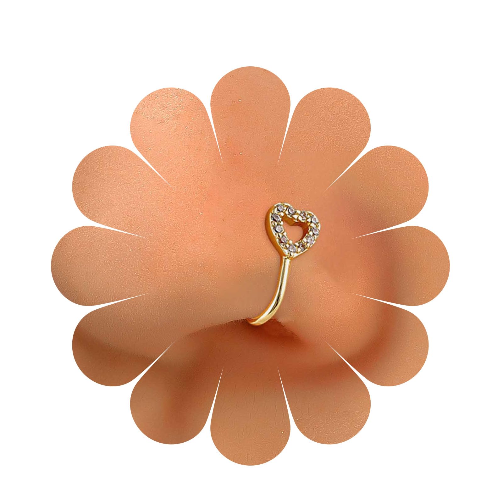 Erimberate Punk Crystal Nose Ring - Gold Hollow Heart Clip On Nose Ring - Cz Paved Rhinestone Cutout Heart Hoop Jewelry for Women and Girls Gifts