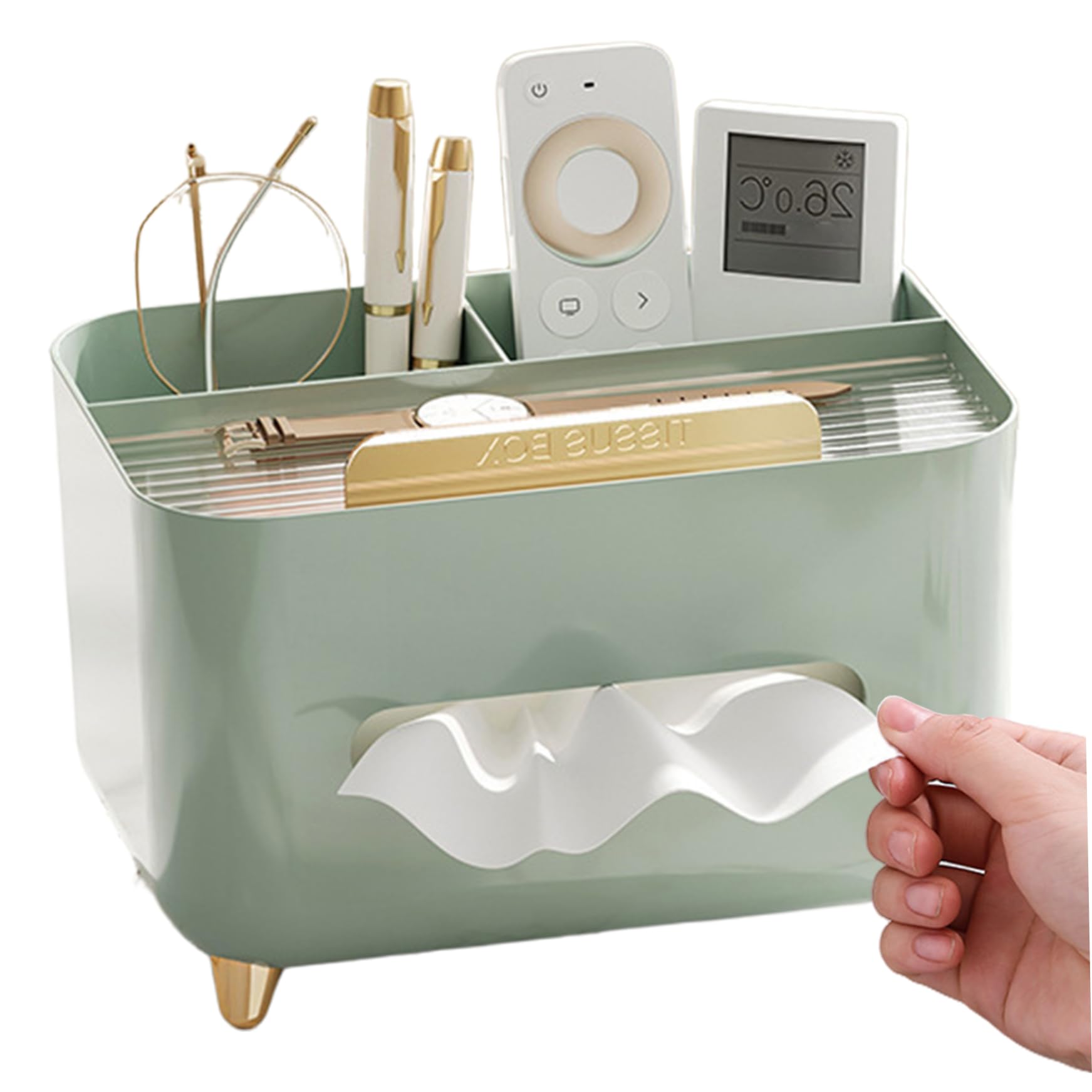 Tissue Box Holder, Multifunction Tissue Box Cover with Compartments Stylish Remote Control Desk Storage for Living Room Bedroom Dressers Home Office, Green