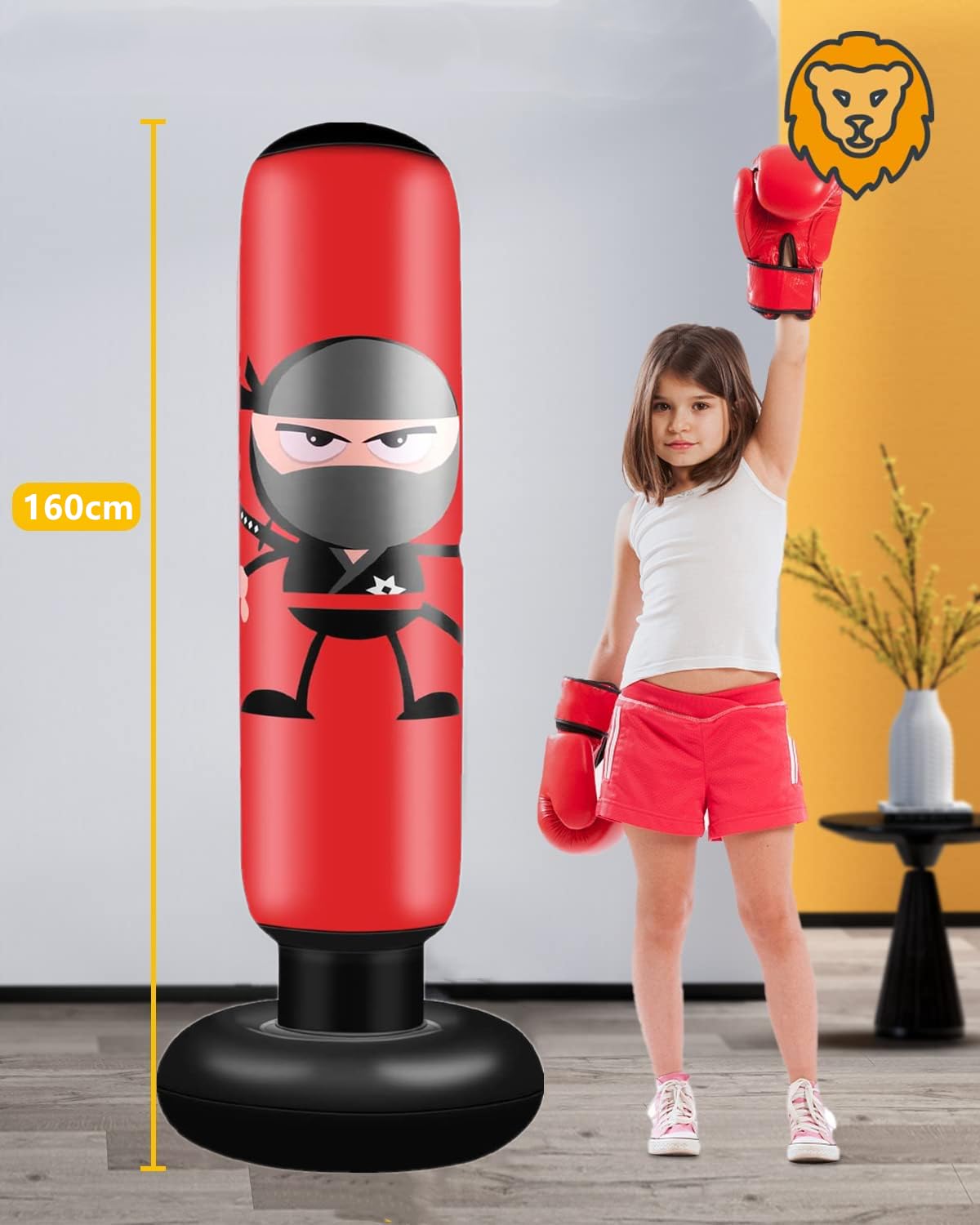 Worek bokserski dla dzieci, 160 cm, nadmuchiwany worek bokserski Ninja, z rękawicami bokserskimi, do ćwiczeń, boksu, MMA, karate, taekwondo i do redukcji gromadzonej energii u dzieci