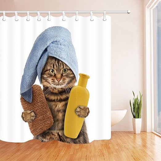 Amazon Tangangelラブリーキャットシャワーカーテン面白い子猫シャワーを浴びる猫の動物入浴の装飾フリーフック付きファンタスティックバスの装飾 2 72 X 72 シャワーカーテン ホーム キッチン オンライン通販