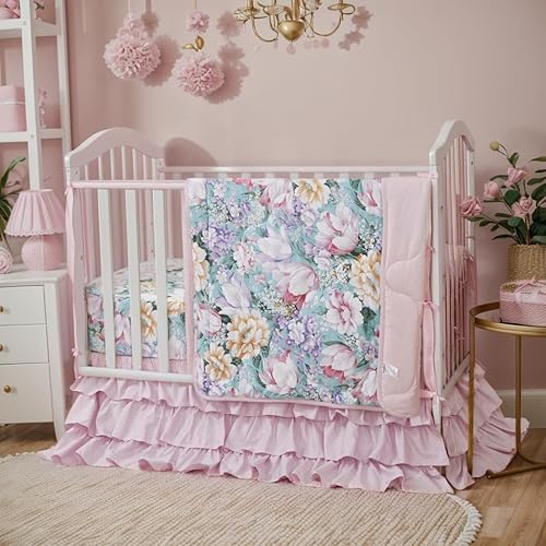 Brandream Juego de ropa de cama para cuna para niñas, 800 hilos, 100% algodón egipcio, juego de ropa de cama de 3 piezas, edredón de flores moradas,