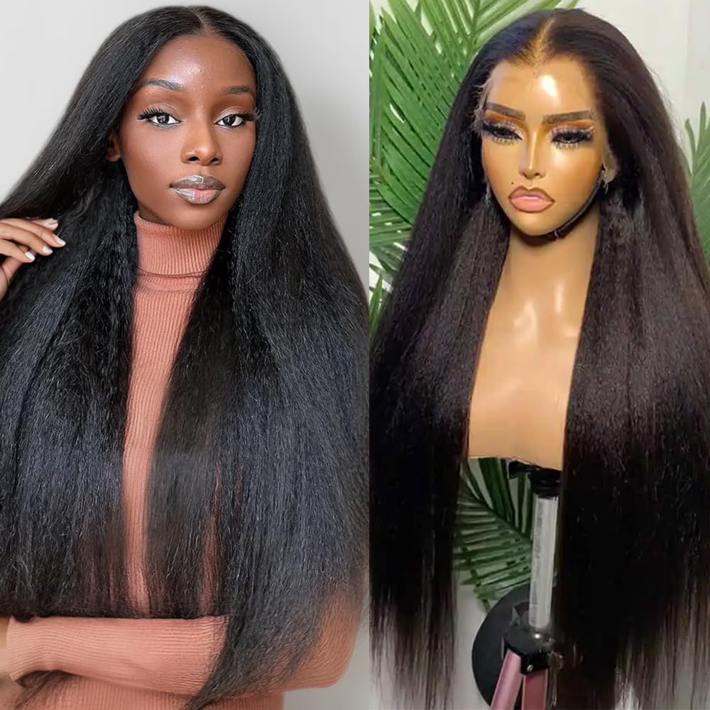 Alidiamond 26 Inch Kinky Straight Human Hair Wig - 13X4 Yaki Lace Front Wig, 180 Density Coarse Brazilian Remy Hair for Black Women