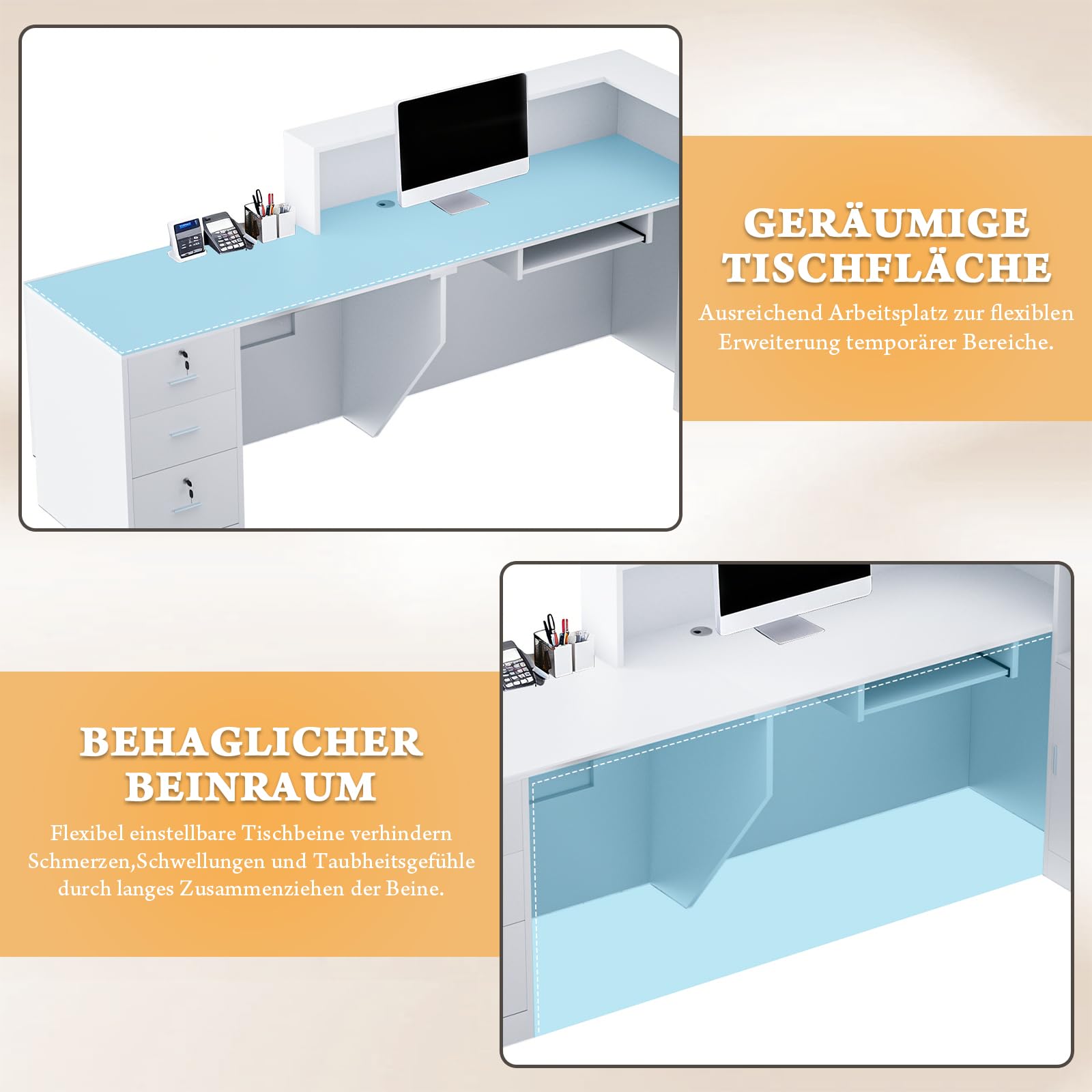 L-förmiger Empfangstisch mit abschließbarer Schublade, Ablagefächern & offenen Regalen, moderner Rezeptionstisch aus Holz für Büro, Lobby, Café