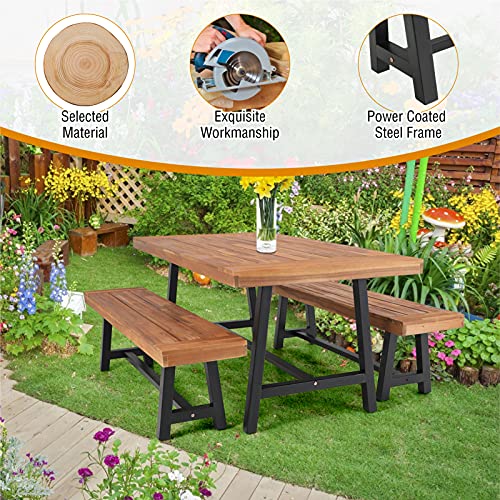 Mfstudio 3 Pieces Outdoor Patio Dining Set,Acacia Wood Table Bench Furniture Set With 1 Rectangular Picnic Wooden Table And 2 Benches For Backyard, Garden, Lawn-Teak Color #TOP4