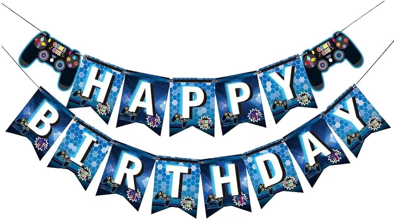 Blue Video Game Birthday Banner - Celebration Party Decoration