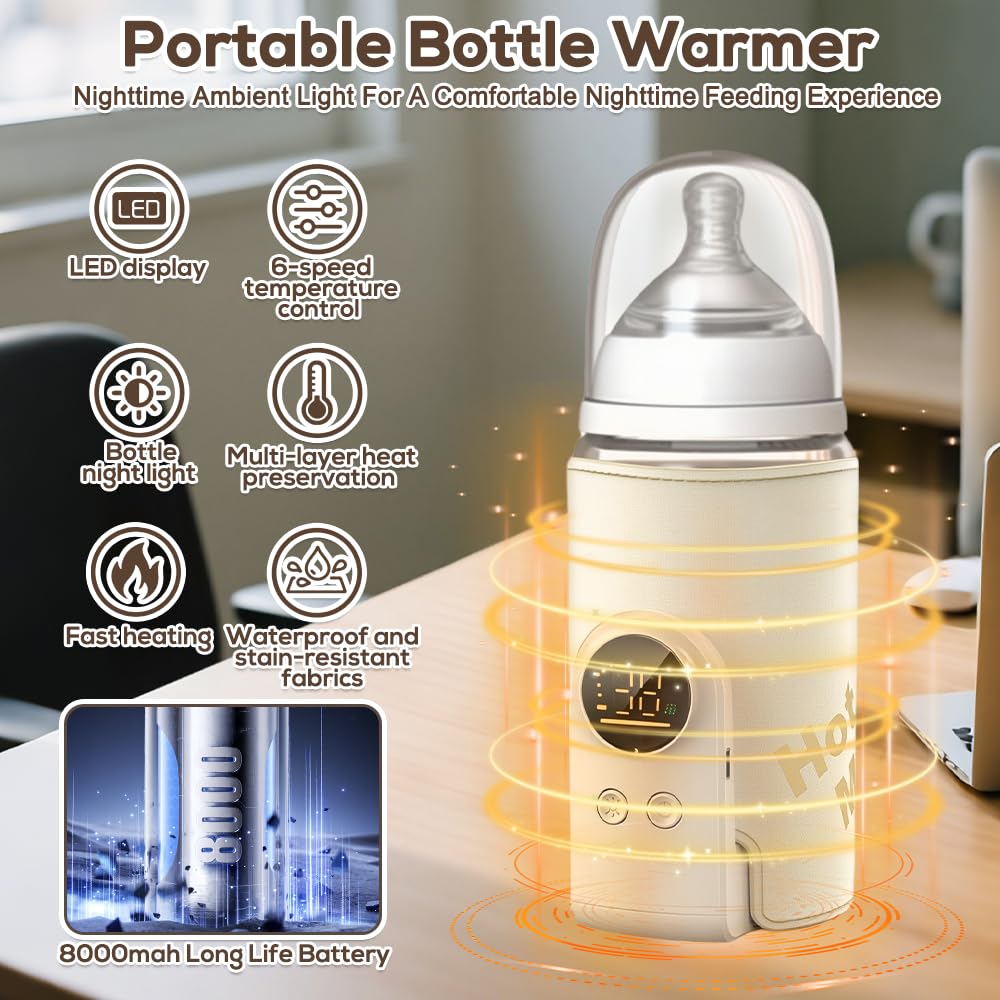 Scaldabiberon Portatile per Neonati, Scalda Biberon Neonato Portatile con Display LCD Scaldabiberon USB con 6 Temperature Regolabili Scaldo per Biberon da 8000 mAh per Viaggi, Aereo e Auto (Giallo)