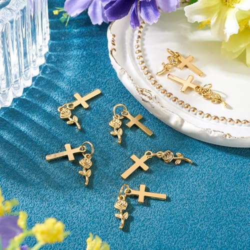 Image of 10Pcs 18K Gold Plated Cross Charms Brass Golden Crucifix with Rose Flower Pendants Permant Metal Jewelry Charms with Jump Ring for DIY Bracelet Necklace Earring Jewelry Making