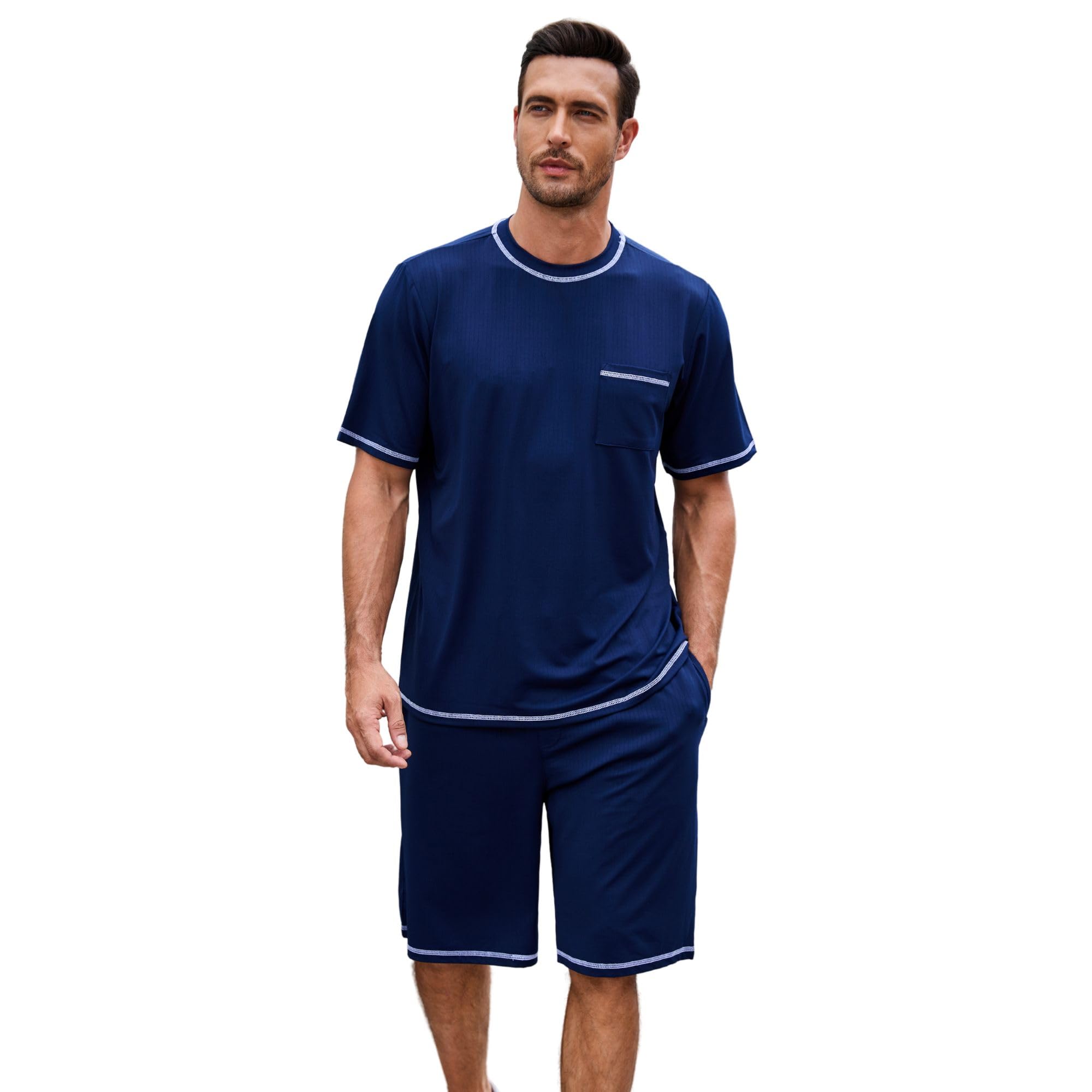 Mens Pajama Set, Soft Short Sleeve Lounge Set Pullover Pjs 2 Piece Outfits with Pocket