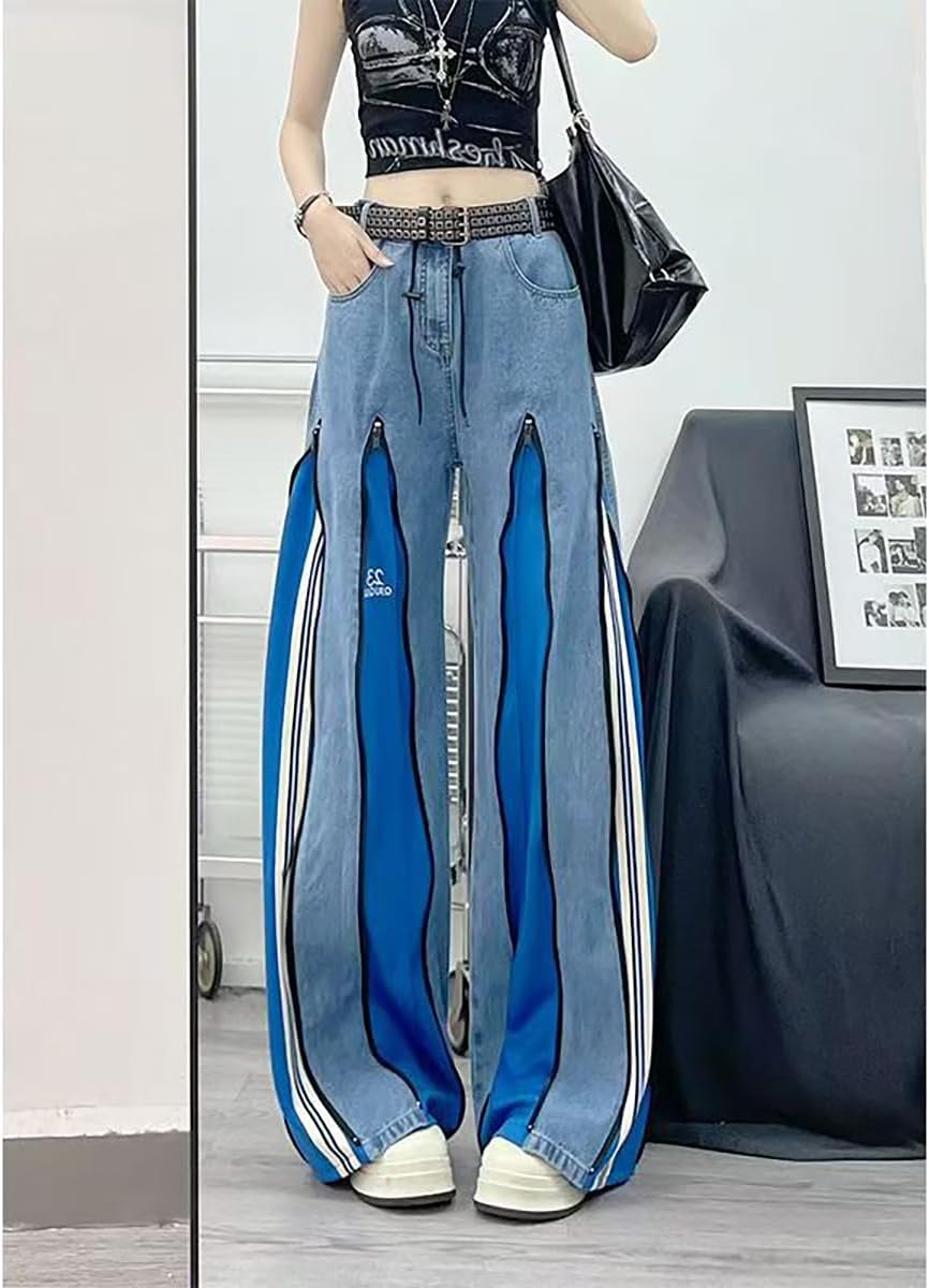 Ladies' Retro American Patchwork Printed Jeans, Stylish Personalized Zipper Design, Loose Y2K Hip-hop Casual Pants - Image 2
