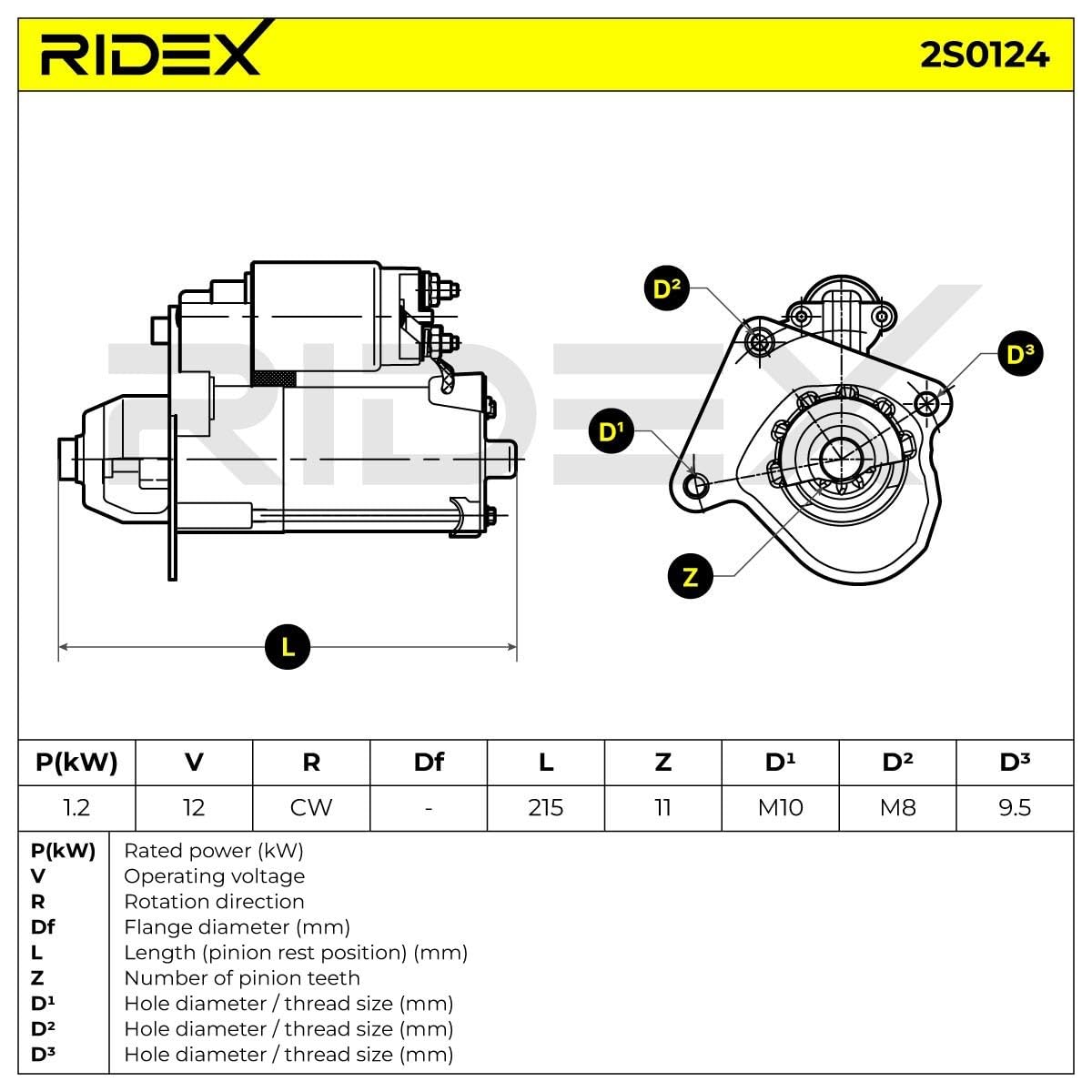 RIDEX 2S0124 Démarreur pour voiture 12V, 1,2KW, Compatible avec FORD Focus Mk2 3/5 portes DA, HCP, DP 36003225 1762872 Y60118400C