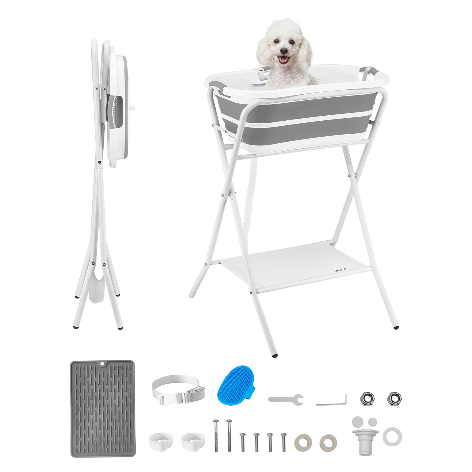 VEVOR Bañera Elevada para Perros Gatos Pequeños con Soporte, Bañera Plegable Portátil 2 en 1 para Mascotas de 1,8 a 8 kg, Estación de Baño con Estructura en X, Desagüe con Manguera, Uso en Mesa Suelo | Soporte estable y seguro, diseño fácil de usar