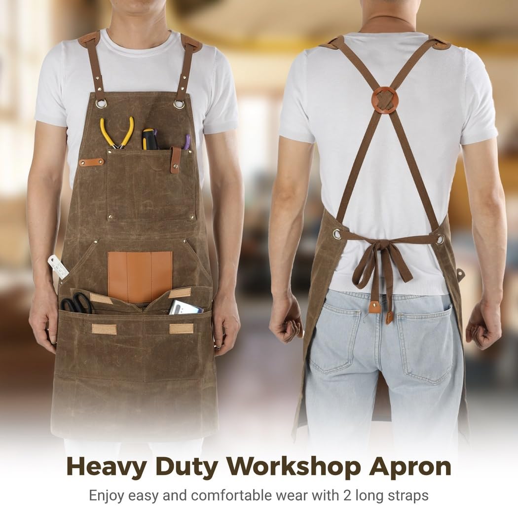 Juego de delantal de lona encerada resistente de 2 piezas para hombres, múltiples bolsillos para herramientas, equipo de protección para carpinteros, carpinteros, mecánicos, Caqui profundo, Taille