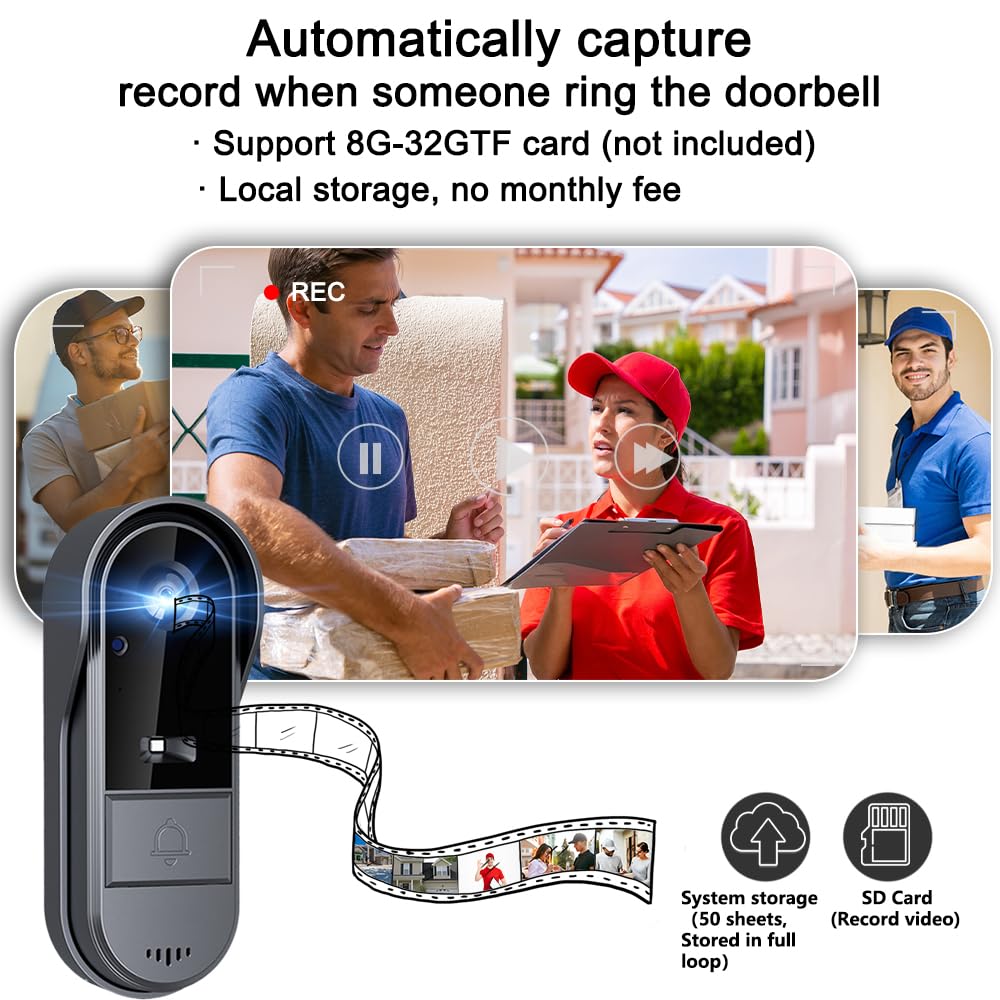 1080P Campanello senza fili con telecamera con schermo da 4,3" Videocitofono esterno impermeabile citofono senza WiFi connessione Bluetooth 2.4G l'interno può svegliare il campanello esternoVedere