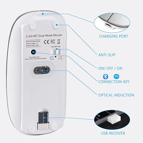 Miniatura 6 de AE WISH ANEWISH Ratón inalámbrico de modo dual (Bluetooth 4.0+USB), ratones silenciosos recargables con receptor USB, mouse Bluetooth delgado para