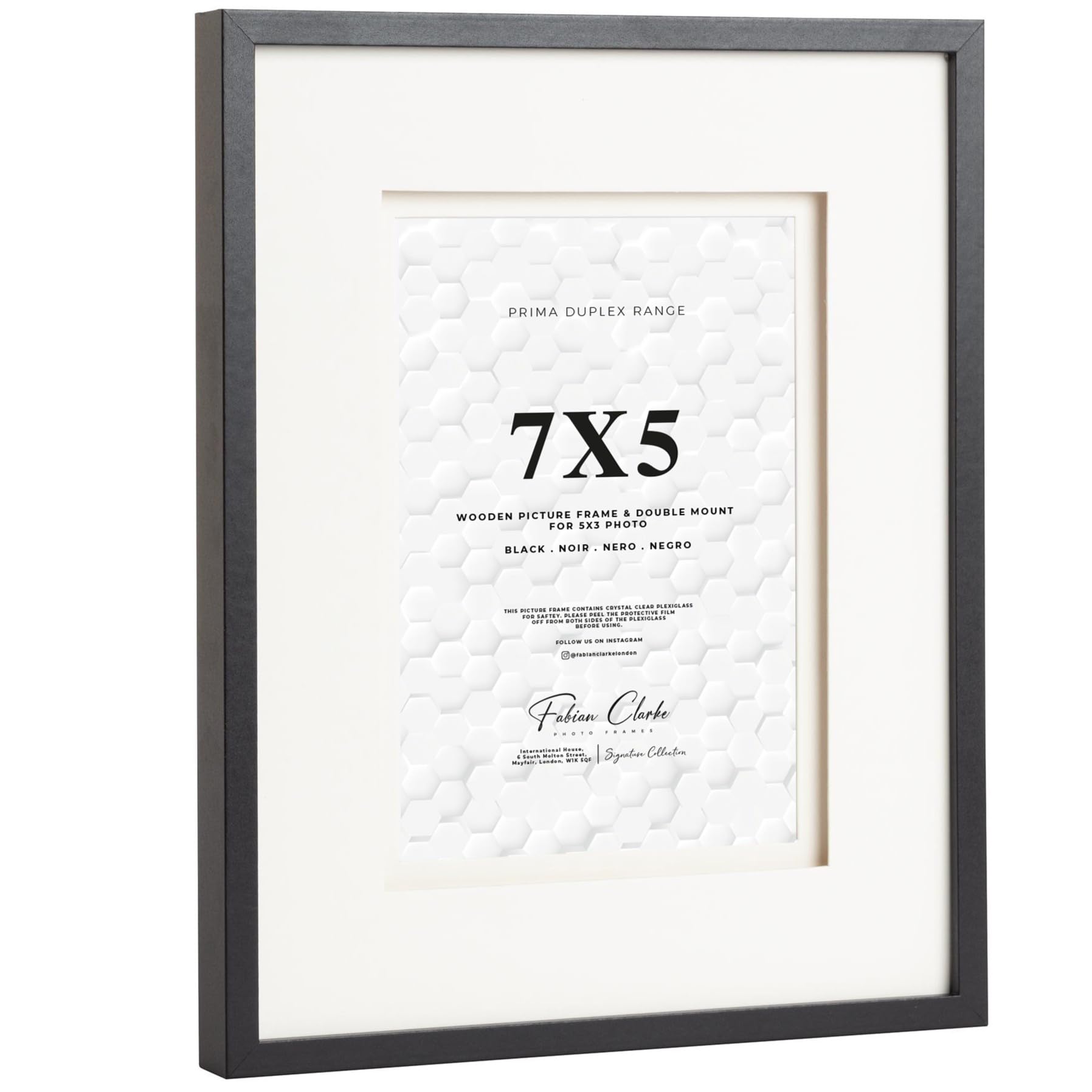 Fabian Clarke London® Black Wooden Picture Photo Frame with Off White Double Mount to Hang Portrait or Landscape (7x5)