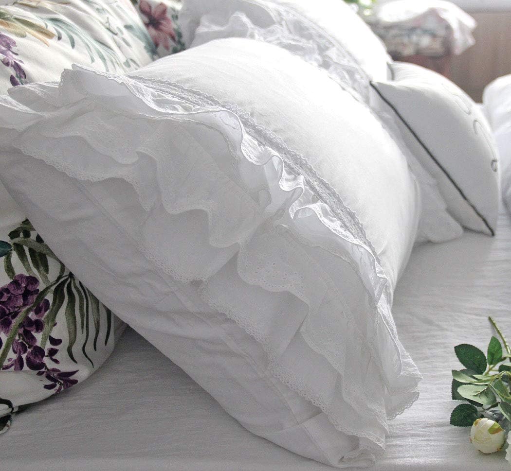 QSH Luxury Lace Ruffle Sheets Set Queen Size French Country Bedding 100% Washed Cotton Vintage Bed Sheet Set 4pcs Deep Pockets Ruffled Bed Sheets