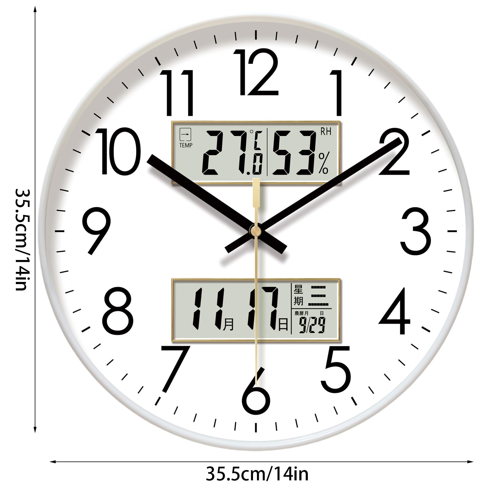 Generisch Non ticchettio – Rotondo, Illuminato, Orologio Silenzioso Con | Calendario, Temperatura E Umidità | 10/12/14 Pollici Grande Display Digitale Luce Notturna - Per Camera Da Home Decor
