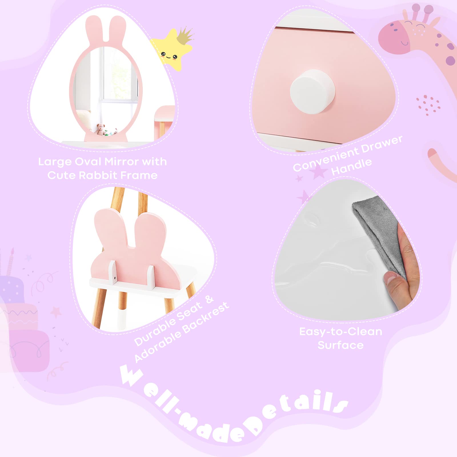 LIFEZEAL Specchiera Trucco Bambina con Sedia e Specchio Rimovibile a Forma di Coniglio, Toeletta per Bambina 3-7 Anni, Toilette con Cassetti in Legno (Rosso)