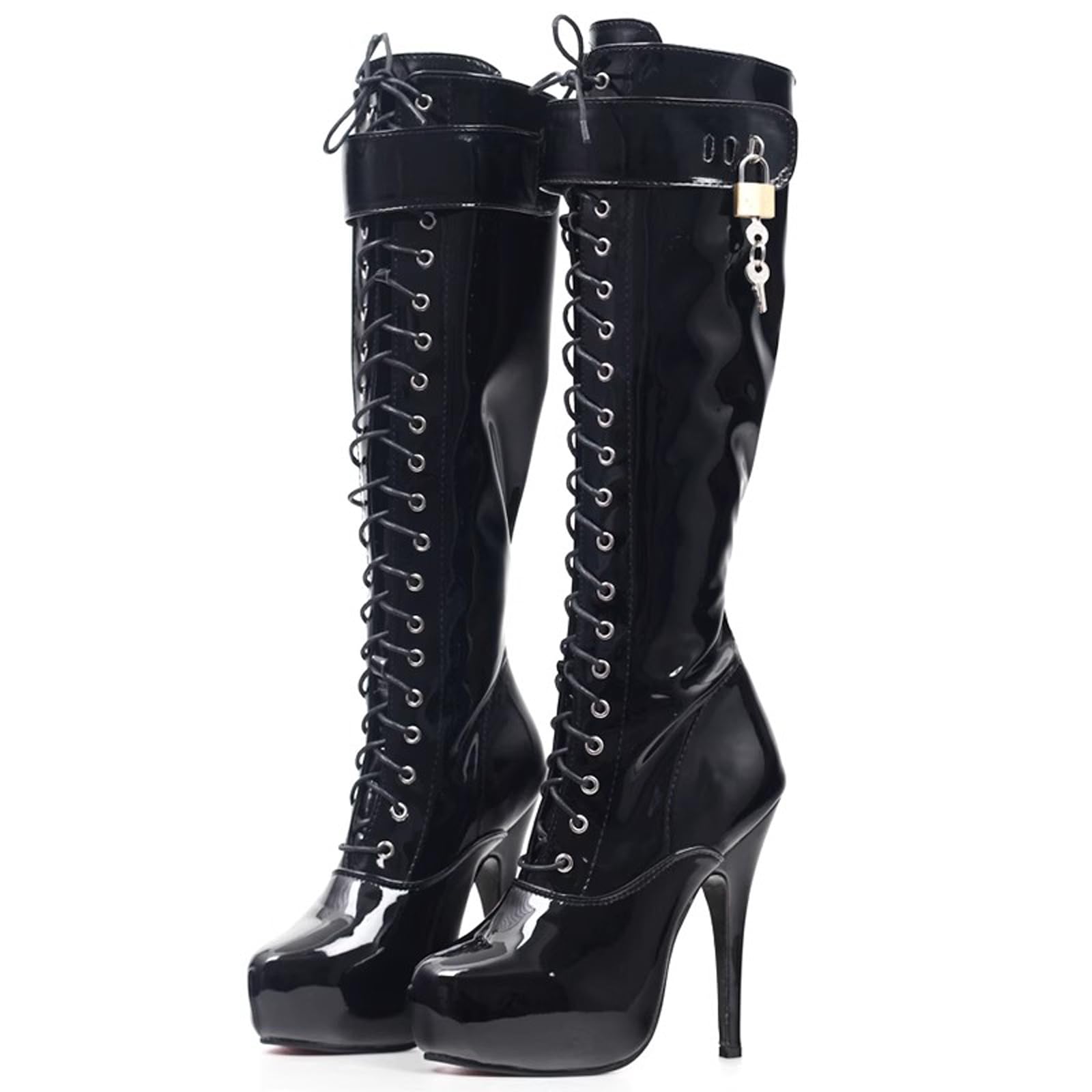Schwarze Kniehohe Stiefel mit 15 cm Stilettoabsatz in Übergröße für Damen und Herren | für Pole Dance, Cosplay-Party, Crossdressing