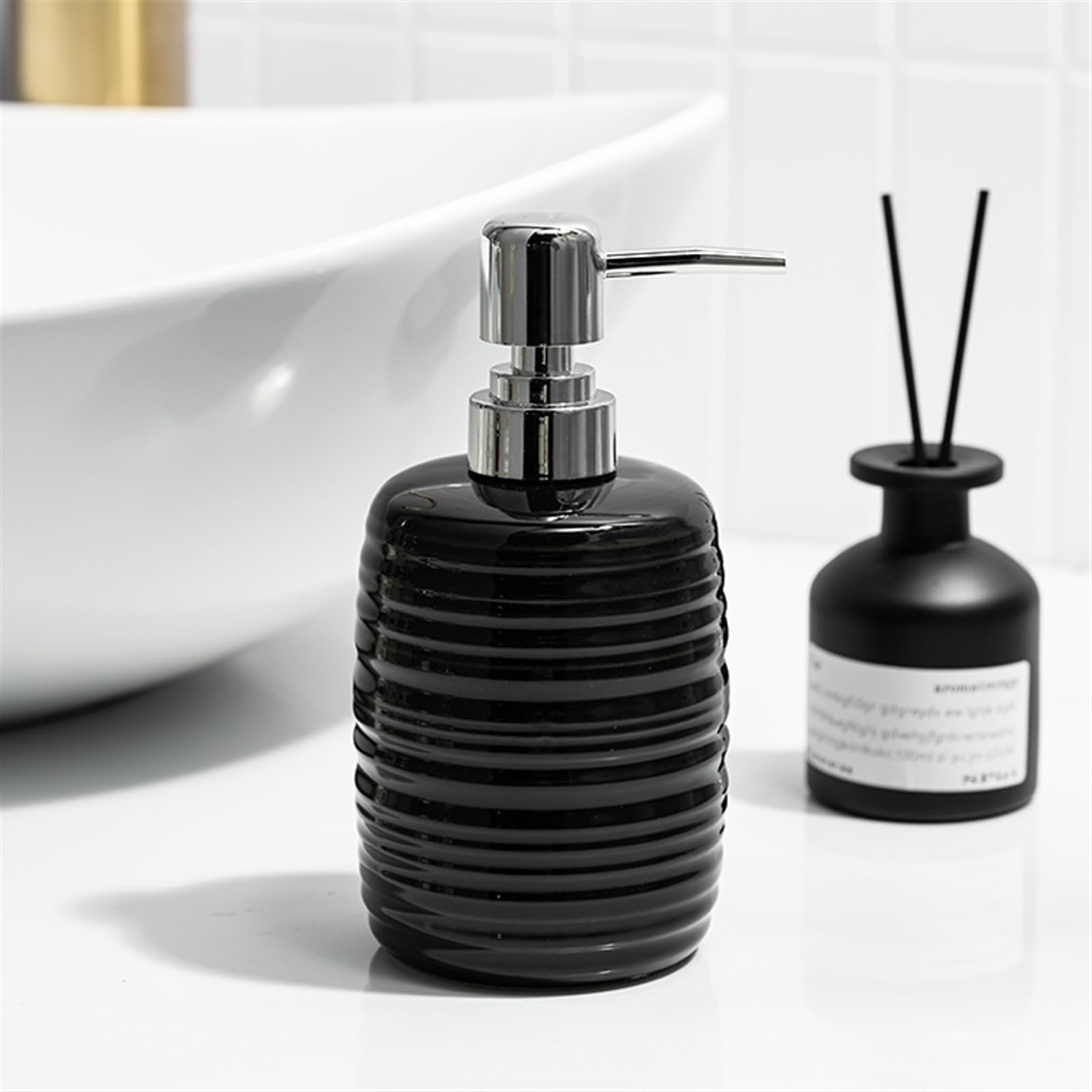 Distributore di Sapone Rotondo da 410 ml con Decorazione a Strisce e Pompa per Bagno, Cucina, Piatti, detersivo