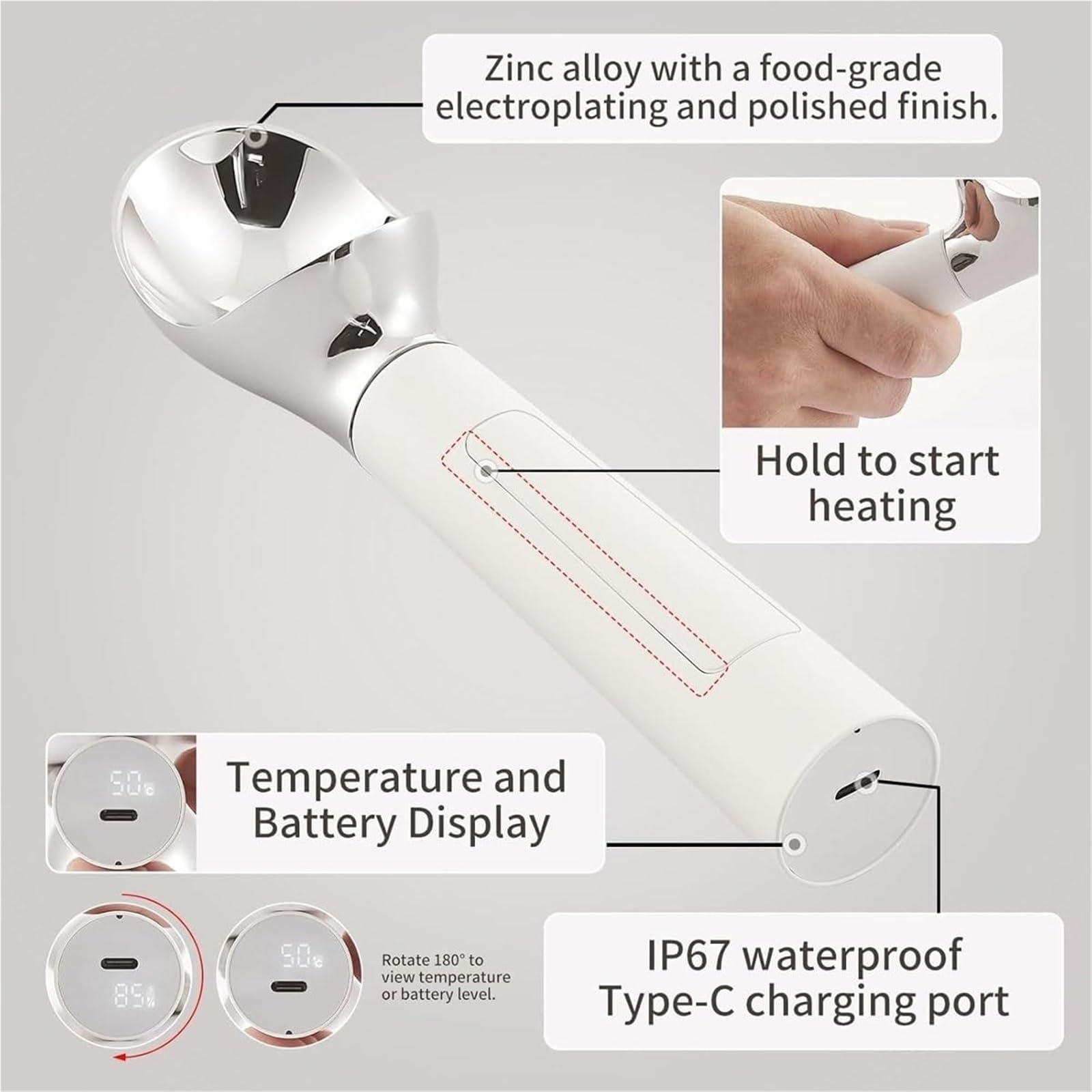Cuillère à glace électrique, cuillère à glace chauffante automatique, cuillère à glace chauffante thermostatique rechargeable de 2 oz avec affichage intelligent, étanchéité IP67, p