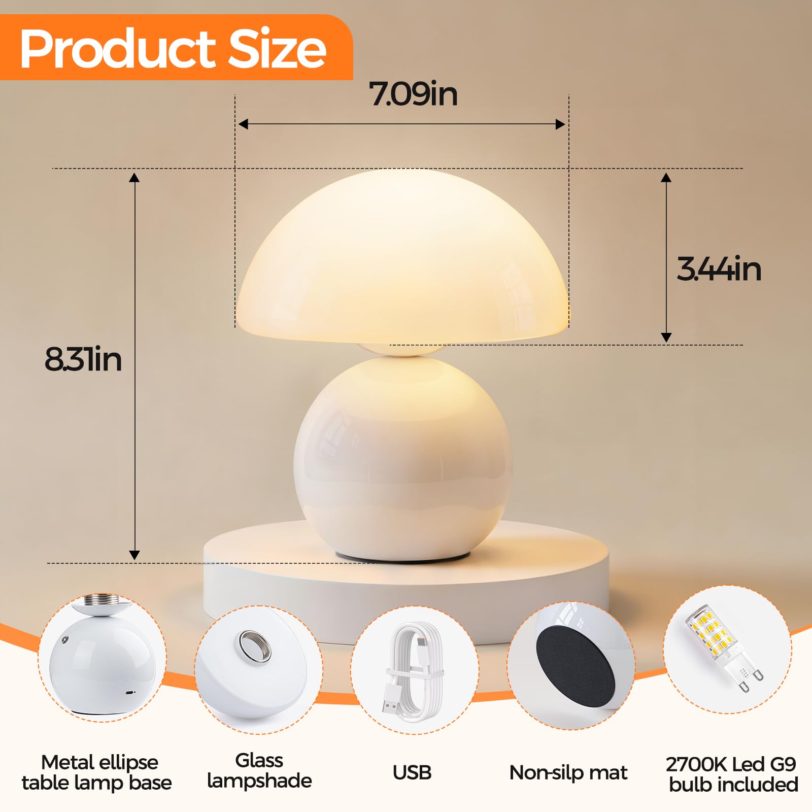 NIORSUN Lampada a fungo wireless, lampada da tavolo per camera da letto, lampade portatili senza fili, lampada wireless, piccola lampada touch per comodino, per soggiorno, mini fungo, 5200 mAh