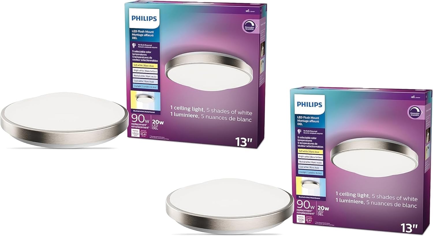 Philips LEDライト 2個セット PHILIPS LED Flush Mount Silver Ceiling Light 2-Pack