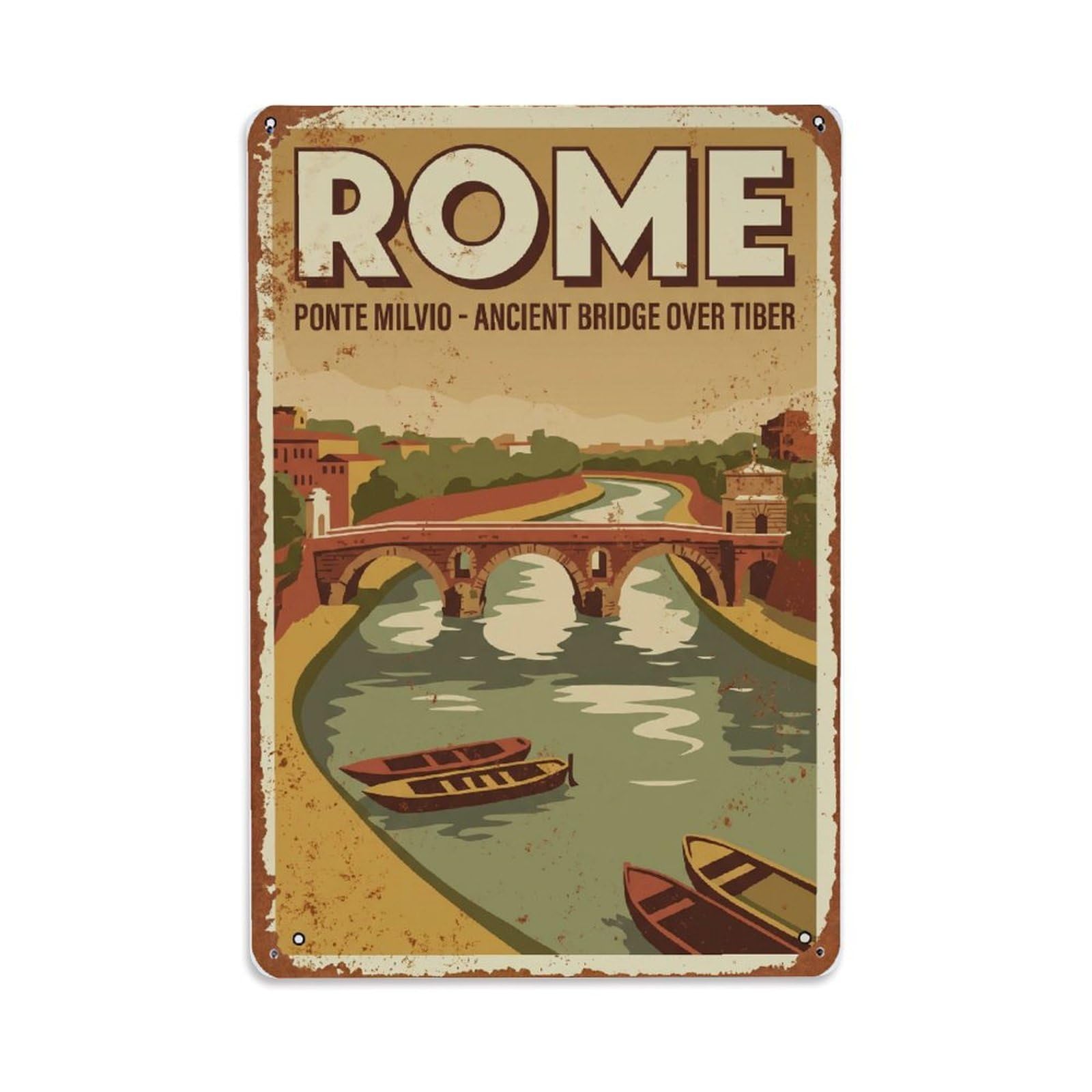 Vintage Travel Rome Ponte Milvio Ancient Bridge Historic Rusted Italy Metal Tin Sign Plaque Wall Decor for Cafe, Club Bar, Office, Home Garden Metal Poster 8x12Inch