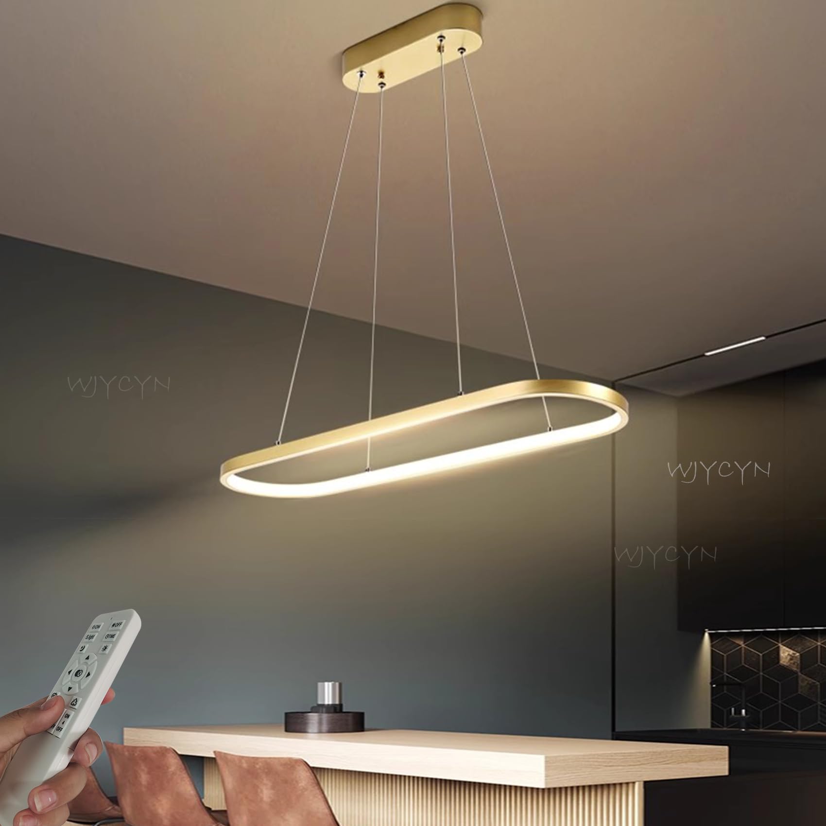 WJYCYN Dimmable Oval LED Chandelier Pendant Light Modern Dining Table Office Lamps with Remote Control Ring Hanging Lamp Height Adjustable Glare Free Room Study Living Room Kitchen B:Gold L100cm 45W
