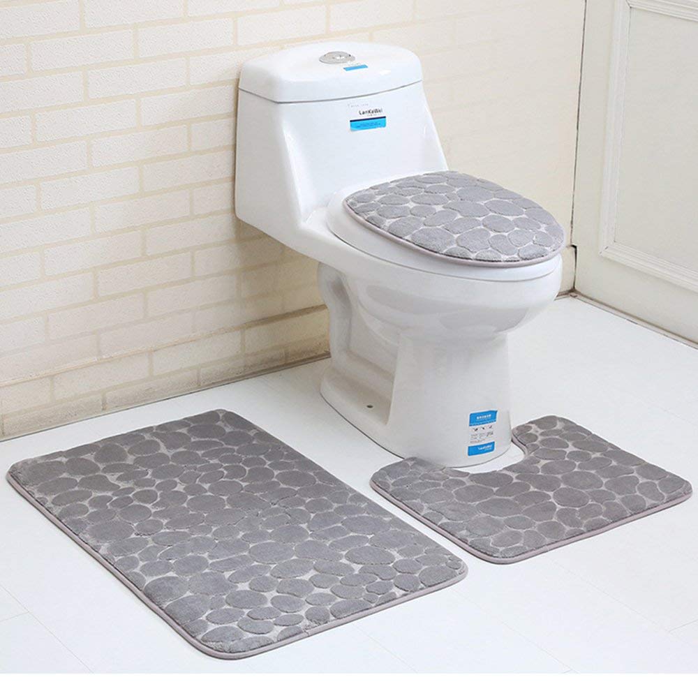 MIFXIN Bathroom Rug Set 3 Pieces Cobblestone NonSlip Soft Bath Mat Toilet Rugs, Rectangular Floor Mat + U-Shaped Toilet Mat + Toilet Cover (3 Pcs Grey)