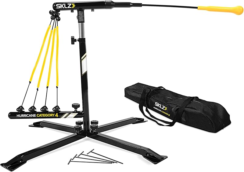 SKLZ Hurricane Entrenador de swing de béisbol y softbol, ​​sistema de banda de potencia ajustable con cabezal de bola antiabolladuras, altura de 23 a 38 pulgadas, práctica de golpe en solitario para jóvenes de 14 años y menos