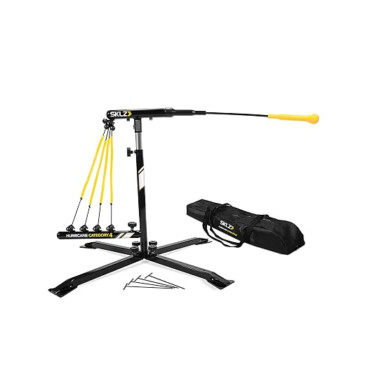 SKLZ Hurricane Batting Swing Trainer for Baseball & Softball - Durable Swing Arm - 4 Power Band System - High-Visibility, Anti-Dent Target Ball Head - Screw-in Base Legs, Metal Stakes & Carry Bag