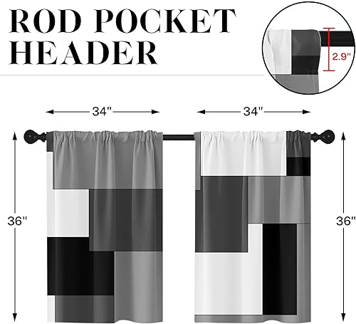 Vista 182 de Cortinas geométricas de cocina negras y grises de 63 pulgadas de largo, juego de 2, cortinas grises y blancas para dormitorio, sala de estar, Gris