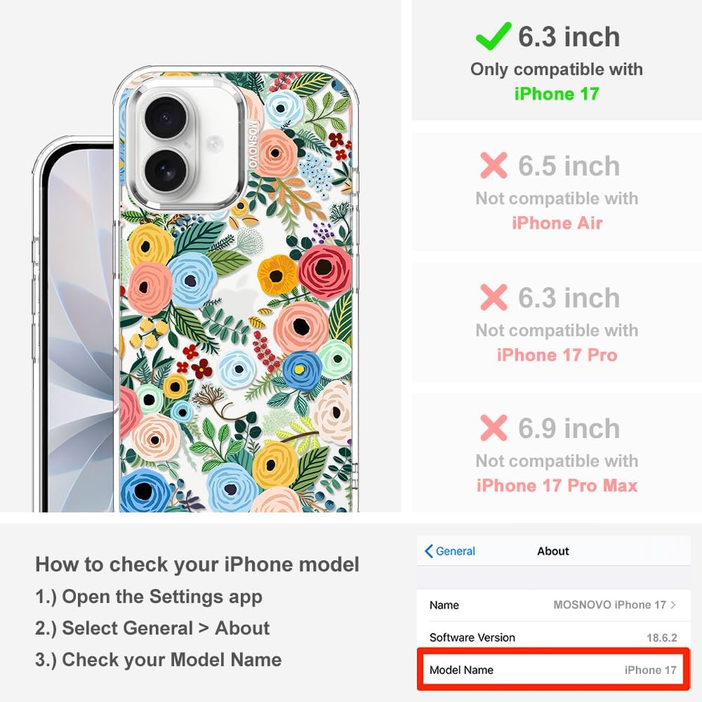 MOSNOVO for iPhone 17 Case | Military Grade 6.6ft Drop Tested | Camera Control | Clear with Pastel Floral Garden Design