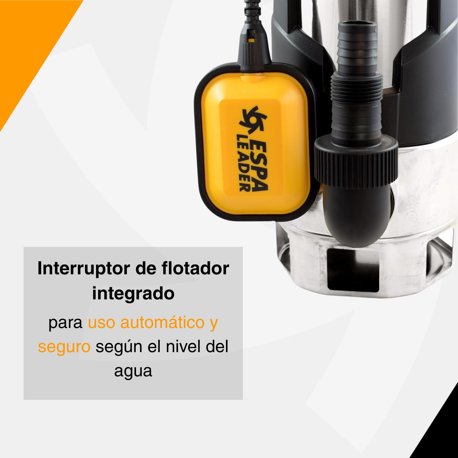 ESPA LEADER Bomba de Achique Sumergible BISA V 1100S M para Drenaje de Aguas Sucias y Fosas Sépticas, Caudal Máximo 18.000 l/h, Altura Máx. 8m, Acero Inox, con Interruptor de Nivel y 10m de Cable