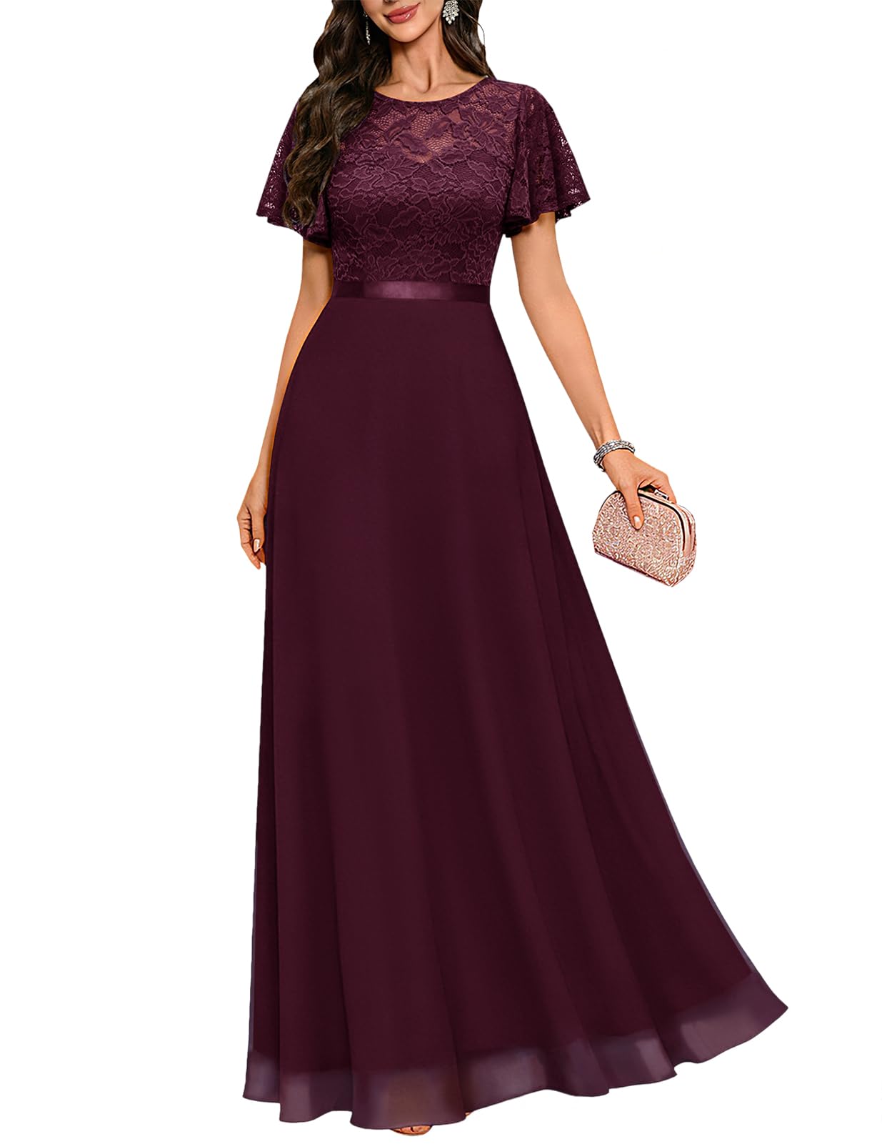 Photo 1 of DRESSTELLS Wedding Guest Dresses for Women, Formal Wedding Dresses for Bride Bridesmaid Prom Cocktail Party Long Dress with Ruffle Sleeves for Mother of the Grooms, Burgundy XL