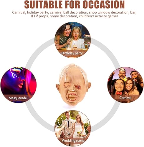 Miniatura 9 de Prop Headgear - Máscara de disfraz de hombre para Halloween, disfraz de terror, ojo oblicuo, aterrador, cabeza completa, de látex, espeluznante para