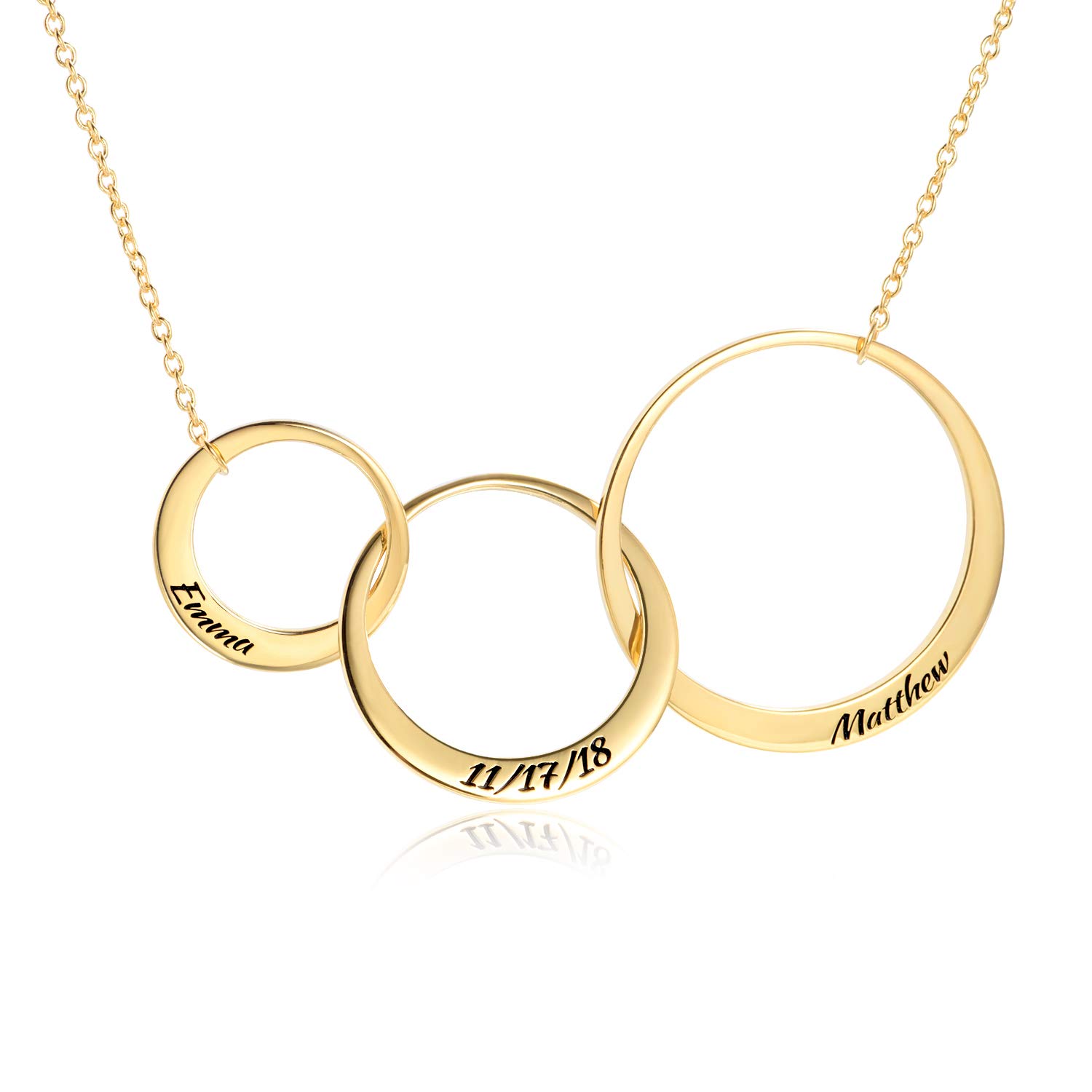 LONAGO Generations Collar con nombre de plata de ley 925 con nombre personalizado 3 círculos infinitos entrelazados para mujer, Plata esterlina,