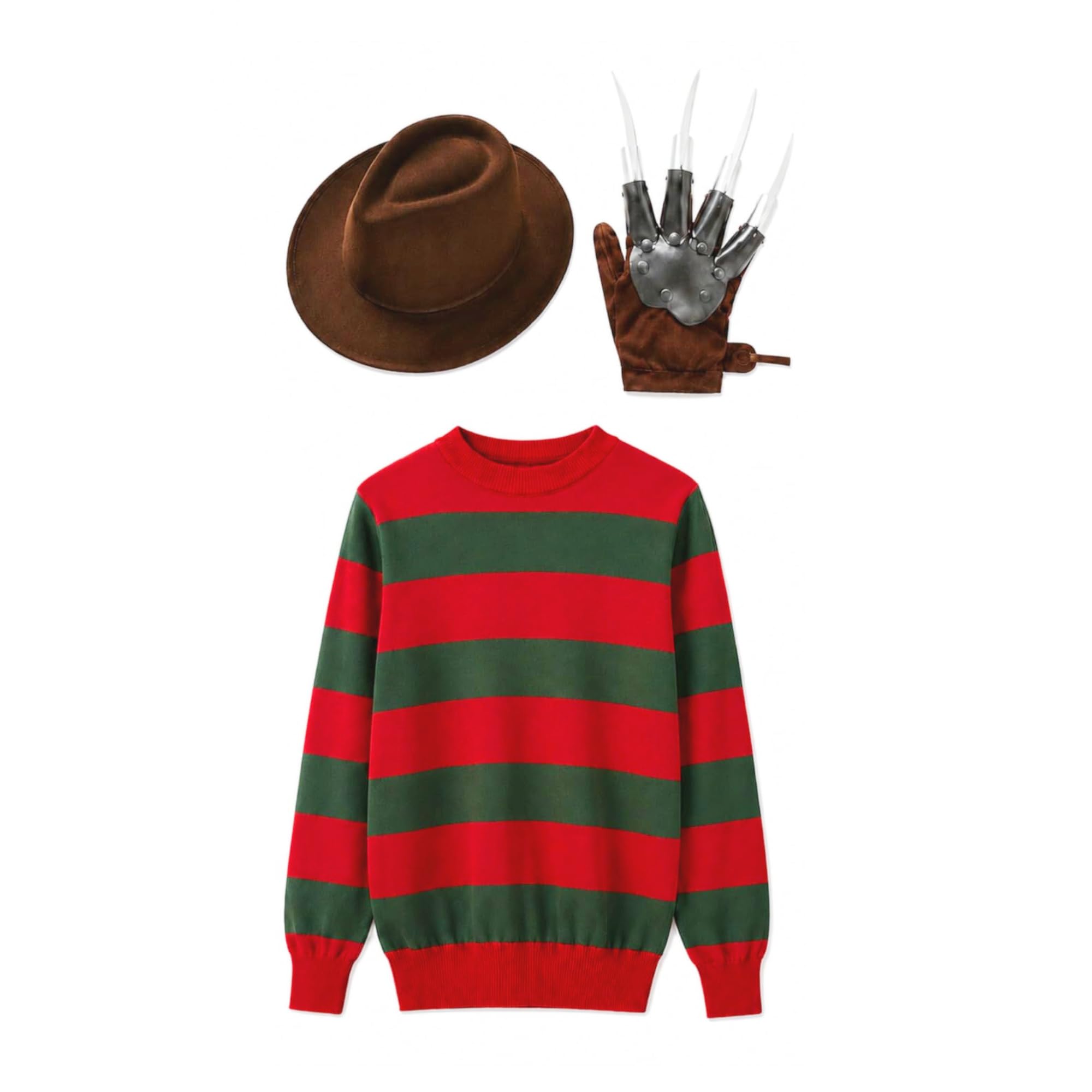 Makii Kids Halloween Freddy Costume - Red/Green Jumper With Explorer Hat & Claw Glove Set Elm Street Fancy Dress Halloween Costumes UK, 11-12 y