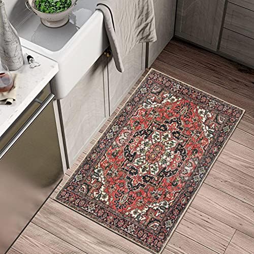 KIMODE Vintage Boho Small Bath Rug Indoor Doormat,60x90cm Washable Low-Pile Bathroom Area Rugs,Soft Non-Slip Floral Medallion Floor Carpet for Bedroom Kitchen Entrance