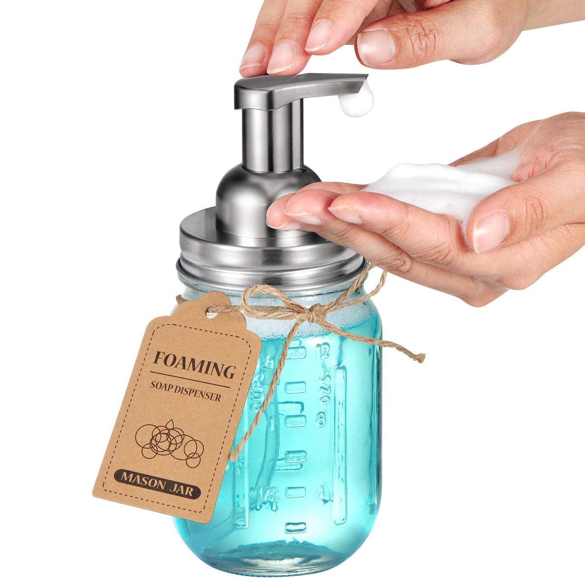 Mason Jar Foaming Soap Dispenser -Rustproof Stainless Steel Lid/BPA Free Foam Pump-Waterproof Chalkboard Labels-Farmhouse Decor Bathroom Accessories,Refillable &Eco Friendly -Brushed Nickel (2 Pack) - Image 2