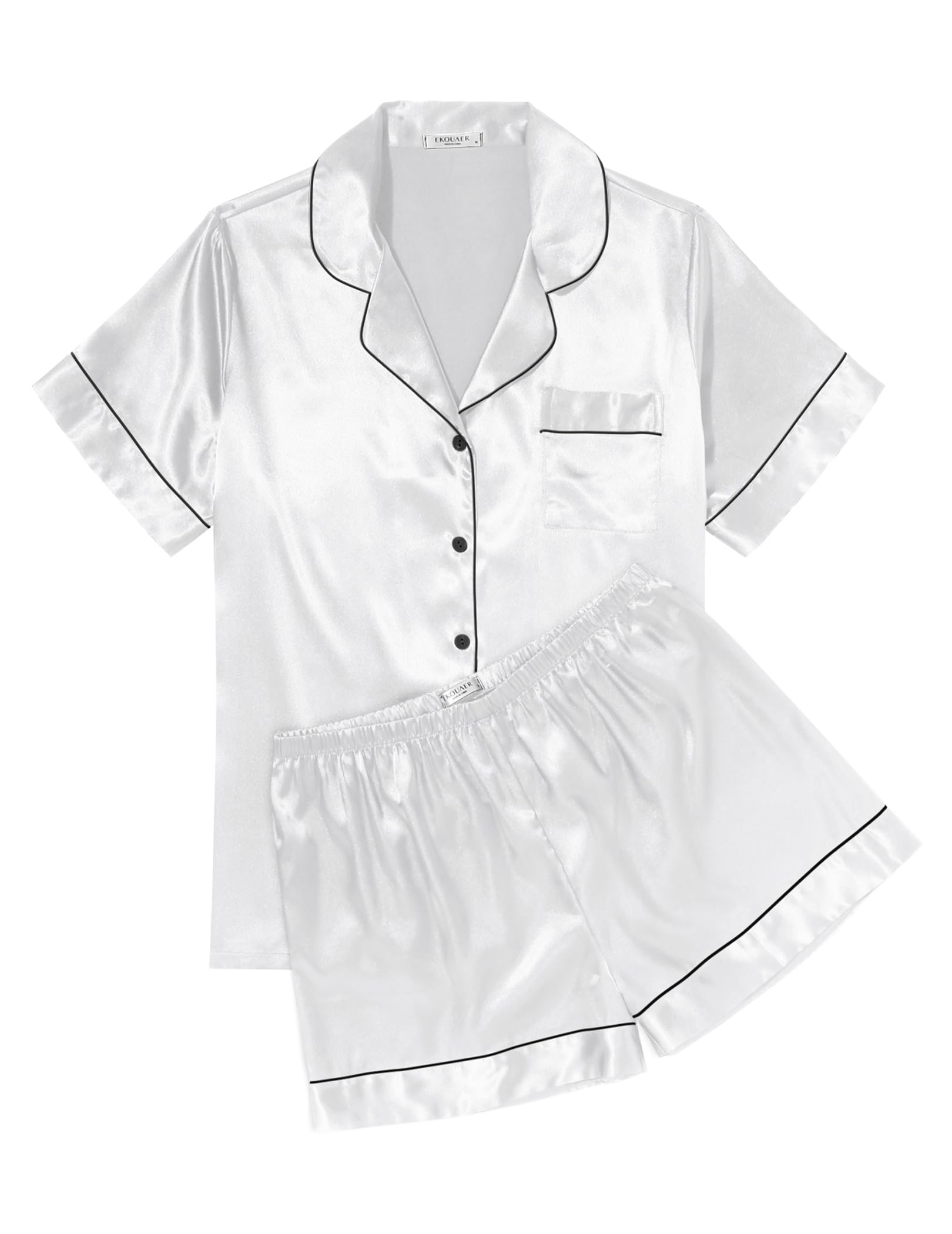 EkouaerWomens Silk Satin Pajama Sets Soft Short Sleeve Button Down Sleepwear Top and Shorts 2 Piece Pjs Lounge Set S-XXL