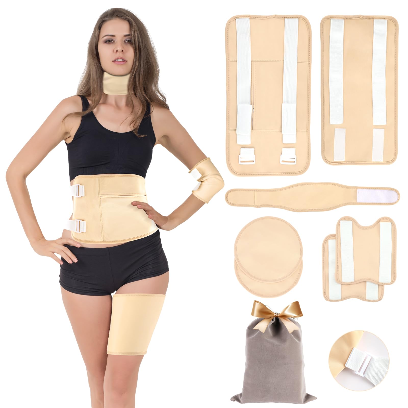 Yerepk 7 Pcs Castor Oil Pack Wrap, Reusable Organic Cotton Castor Oil Pack Kit for Neck Breast Waist Elbows Knees Feet, Adjustable Compress Castor Oil Wrap Pads (Beige 7Pcs)