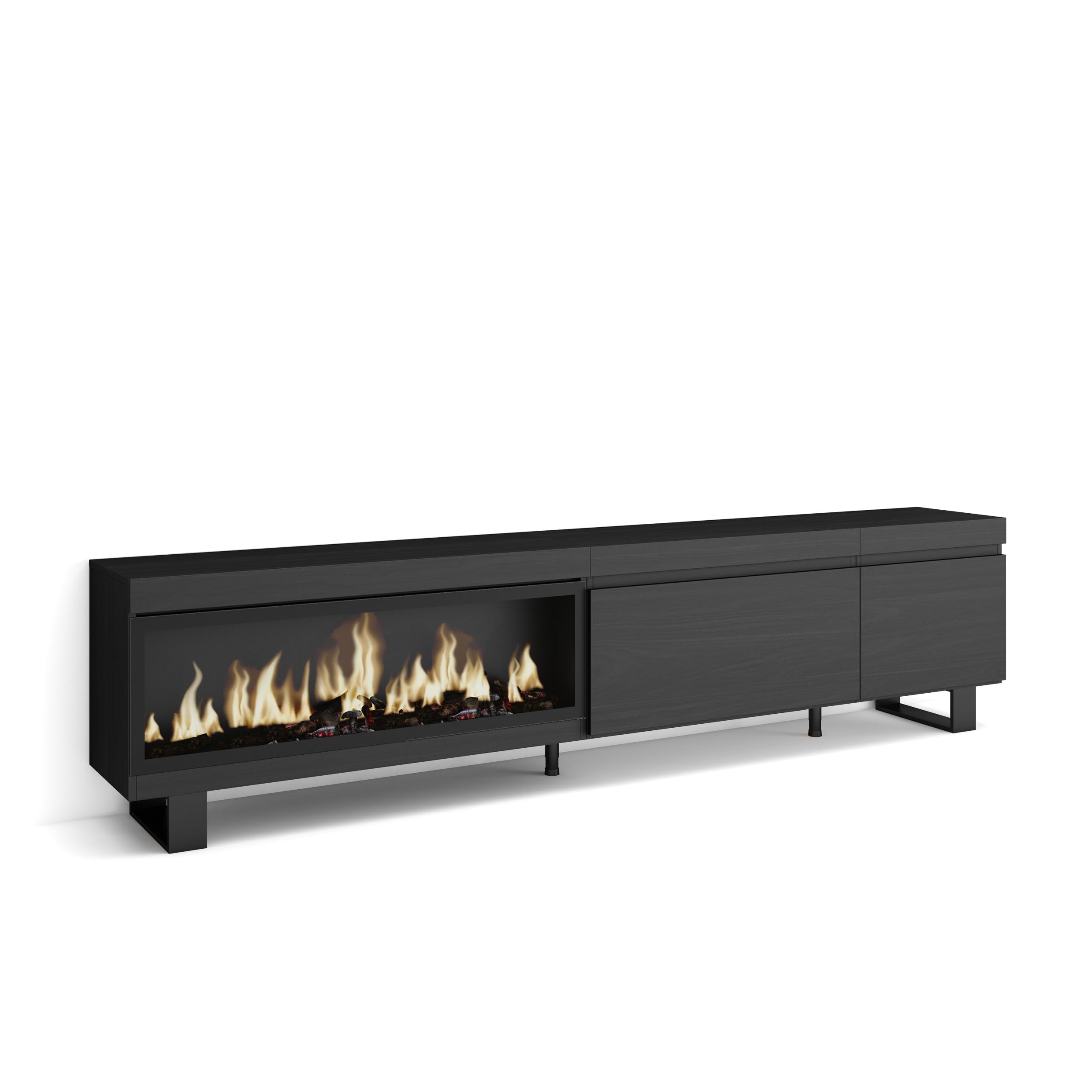 Skraut Home | Mueble TV | Televisión | Muebles de salón, almacenaje | 237x57x35 cm | para TV Gran Formato | Chimenea eléctrica XXL | Diseño Industrial | Estilo Moderno | Negro