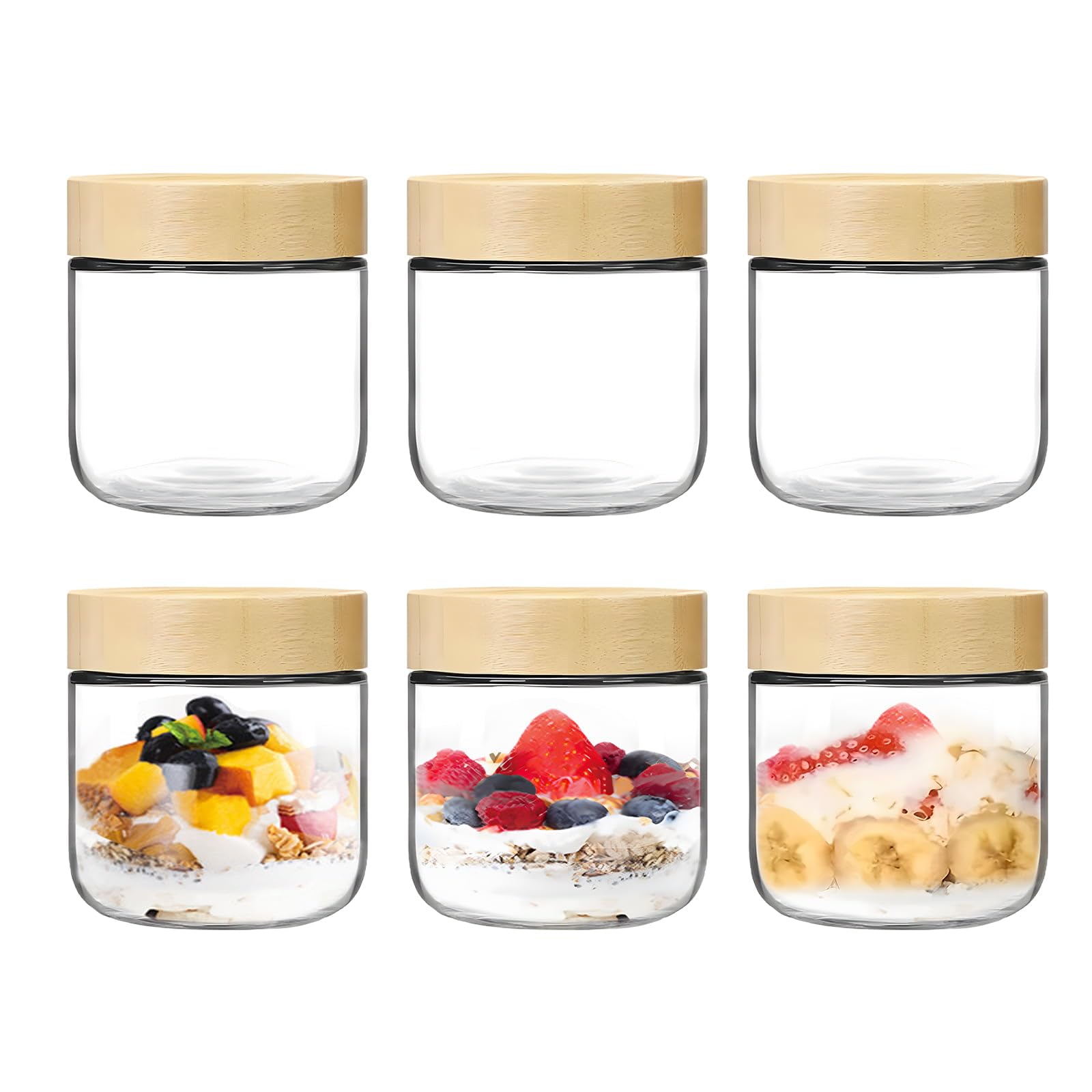 Overnight Oats Jar Container with Wood Lids 6Pcs Glass Mason jars 300ml Wide mouth Glass Overnight Oats Containers Airtight Glasses Food Storage Containers for Salad Snacks Yogurt Spice Sugar Pickling
