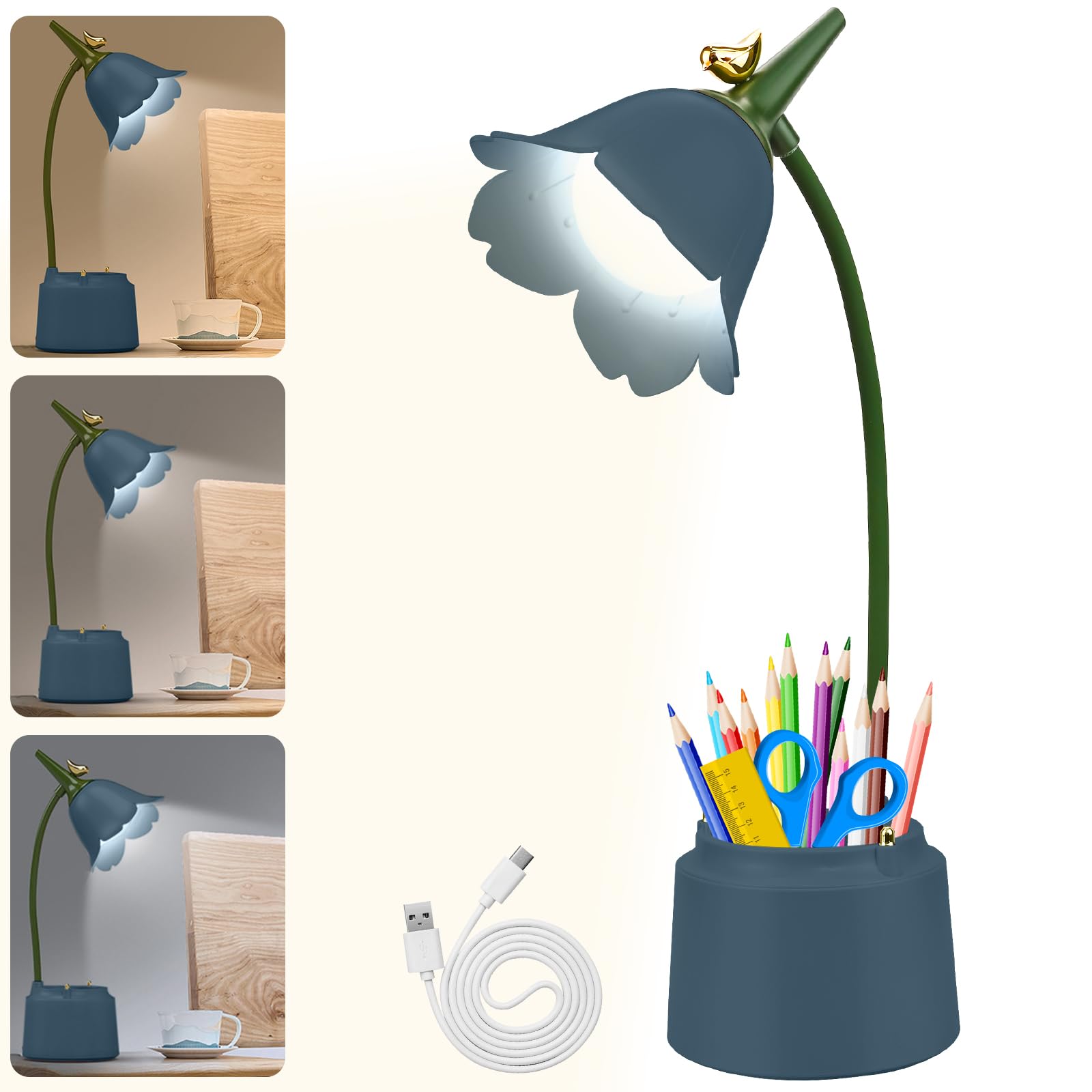 LED Flower Desk Lamp Cordless Table Light - Rechargeable Desk Lamp for Children, BLUE Cute Cordless 3 Color Modes Dimmable Touch Control USB Girls Bedside Lamp Desk Light for Children Reading Study