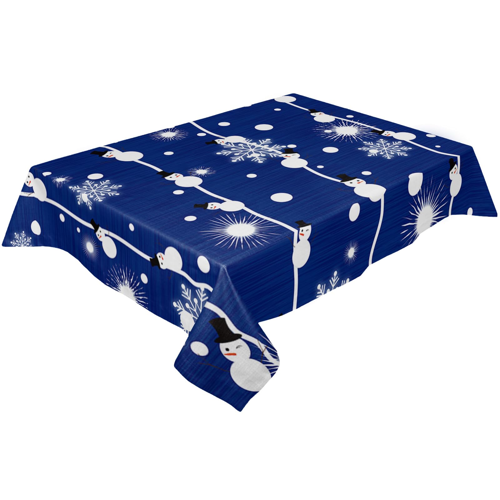 Rectangle Tablecloth Waterproof 52X70 Inch Table Cloth Merry Christmas Cute Snowman Snowflake Navy Blue Tablecloths,Stain Proof Table Cover for Kitchen Dining Tabletop Decoration