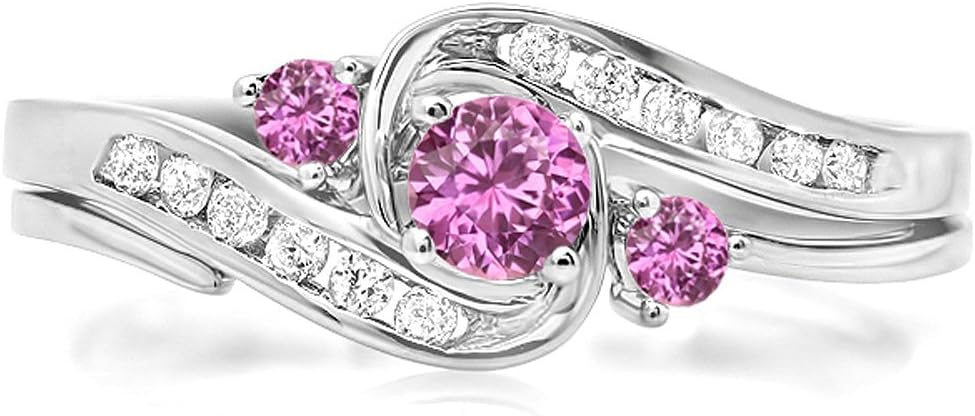 Dazzlingrock Collection Round Pink Sapphire & White Diamond Swirl Bridal Engagement Ring With Matching Band Set, 10K Solid White Gold